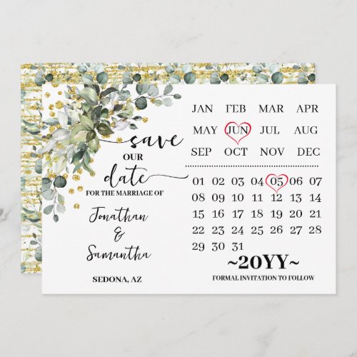 Calendar Eucalyptus Gold Save Our Wedding Date Save The Date