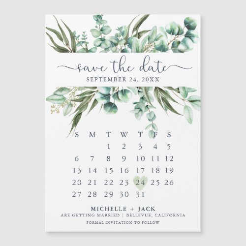 Calendar Eucalyptus Simple Save The Date Magnet