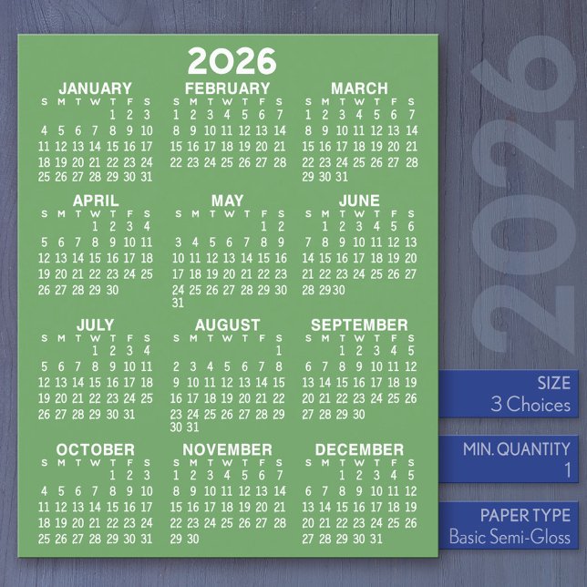 Calendar - Full Year Basic - Flat Sheet Paper (2026 Calendar)