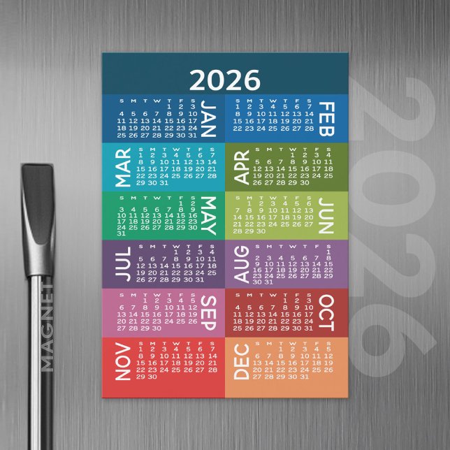 Calendar - Full Year with funky colorful months (2026 Calendar with a Magnetic Back)