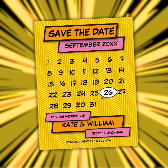 Calendar Fun Modern Comic Book Save The Date Announcement Postcard (Calendar Fun Modern Comic Book Save The Date Announcement Postcard)