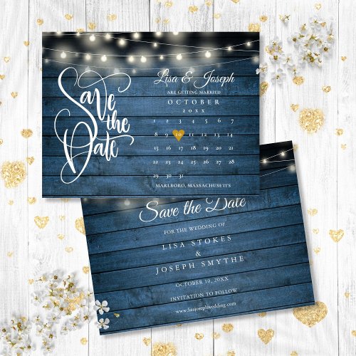Calendar Gold Heart Blue Rustic Save the Date  Announcement Postcard
