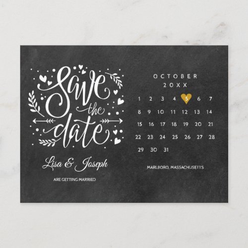Calendar Gold Heart Chalkboard Photo Save the Date Postcard