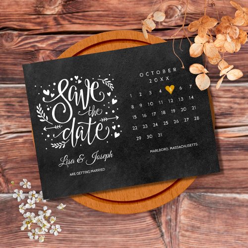 Calendar Gold Heart Chalkboard Save the Date Announcement Postcard