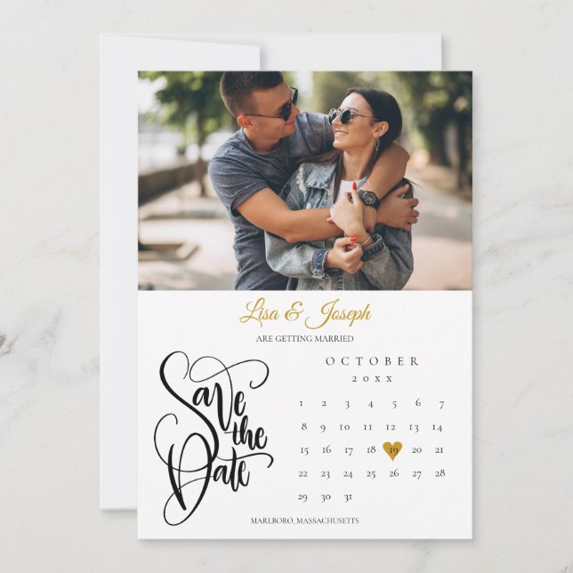 Calendar Gold Heart Photo Save The Date (Front)