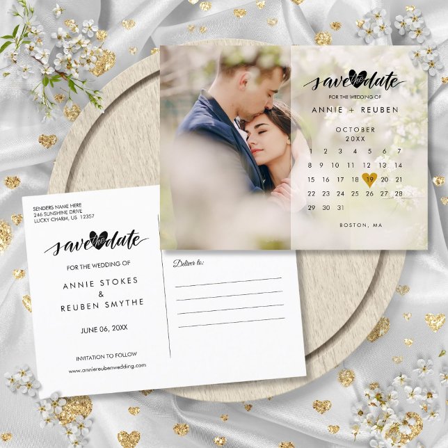 Calendar Gold Heart Photo Save the Date Announcement Postcard (Calendar Gold Heart Photo Save the Date Announcement Postcard)
