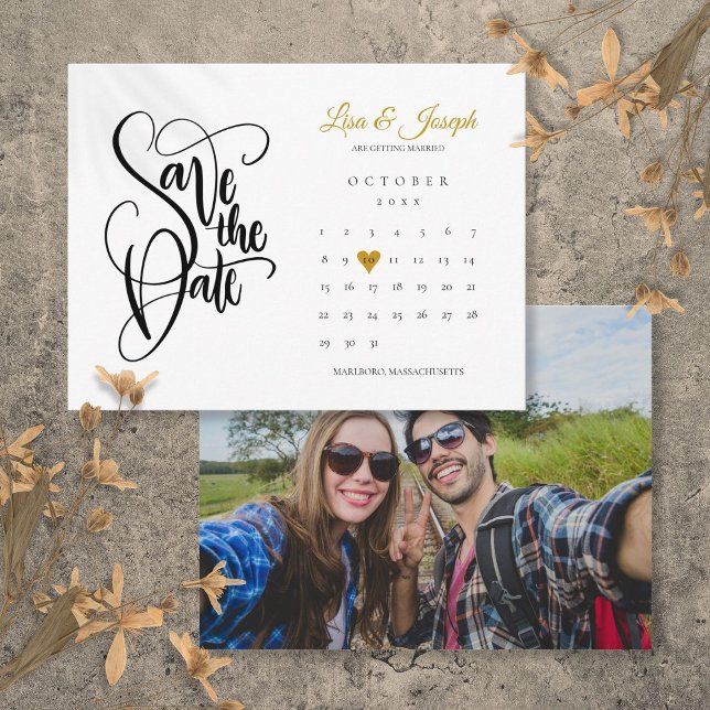 Calendar Gold Heart Photo Script Save the Date Announcement Postcard (Calendar Gold Heart Photo Script Save the Date Announcement Postcard)