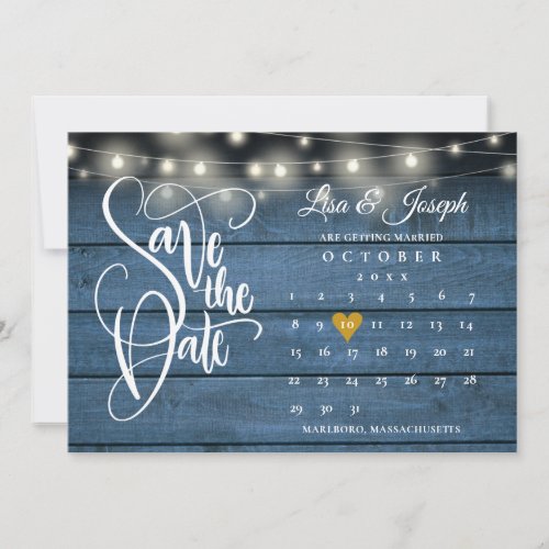 Calendar Gold Heart Rustic Blue Wood Wedding Save The Date