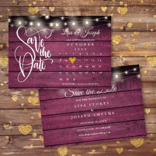 Calendar Gold Heart Rustic Burgundy Wood Wedding Save The Date