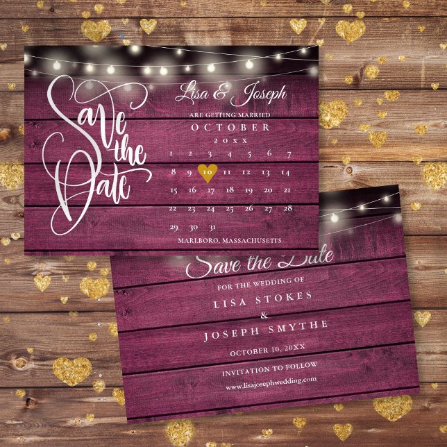 Calendar Gold Heart Rustic Burgundy Wood Wedding Save The Date (Calendar Gold Heart Rustic Burgundy Wood Wedding Save The Date)