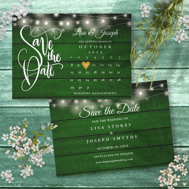 Calendar Gold Heart Rustic Emerald Wood Wedding Save The Date (Calendar Gold Heart Rustic Emerald Wood Wedding Save The Date)