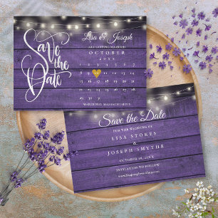 Calendar Gold Heart Rustic Purple Wood Wedding Save The Date