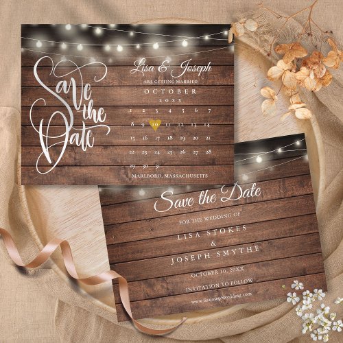 Calendar Gold Heart Rustic Wood Save the Date Announcement Postcard