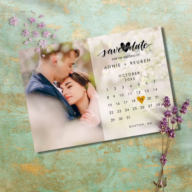 Calendar Gold Love Heart Photo Save the Date Postcard (Creator Uploaded)