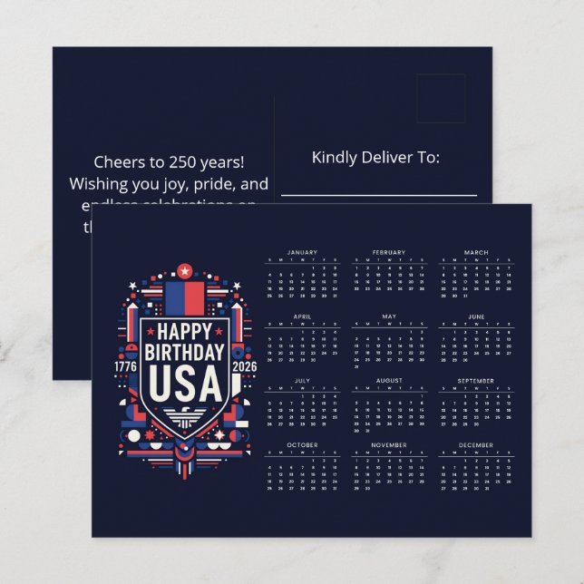 Calendar Happy Birthday USA 250 Holiday Postcard (Front/Back)