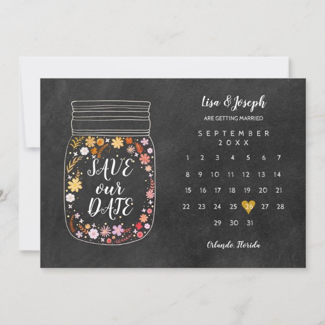 Calendar Heart Mason Jar Chalkboard Save the Date Invitation (Front)