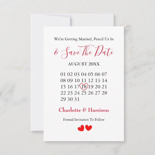 Calendar Heart Wedding Save The Date (Front)