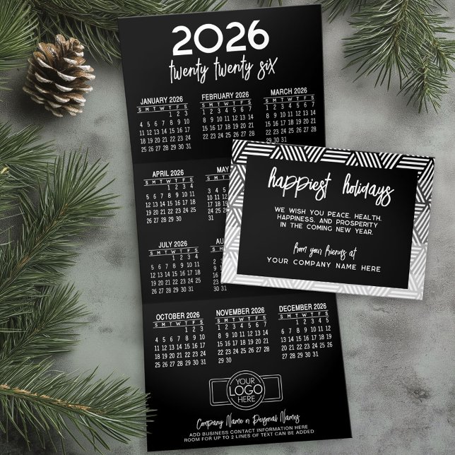 Calendar, Logo - Black White Modern Business Tri-Fold Holiday Card (Business Holiday Card with a Hanging 2026 Calendar)