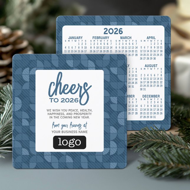Calendar, Logo - Cheers Blue Business Greeting Holiday Card (Business Holiday Card with 2026 Calendar)