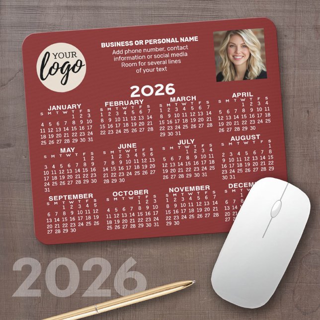 Calendar - logo, photo, business contact burgundy mouse pad (2026 Calendar on a computer mousepad)