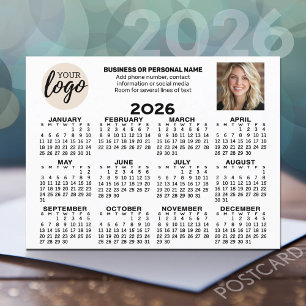 Calendar - logo, photo, business contact - white postcard