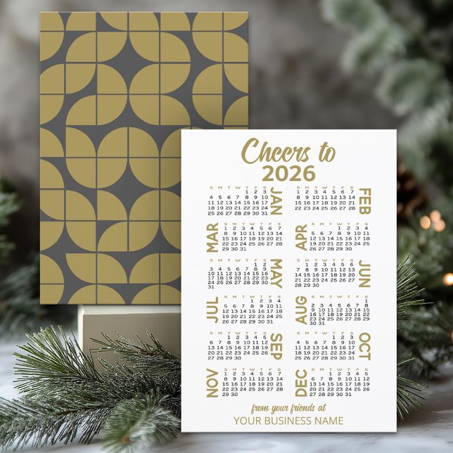 Calendar - MCM Gold Gray Business Name Holiday Card (2026 Calendar on a Business Holiday Card)