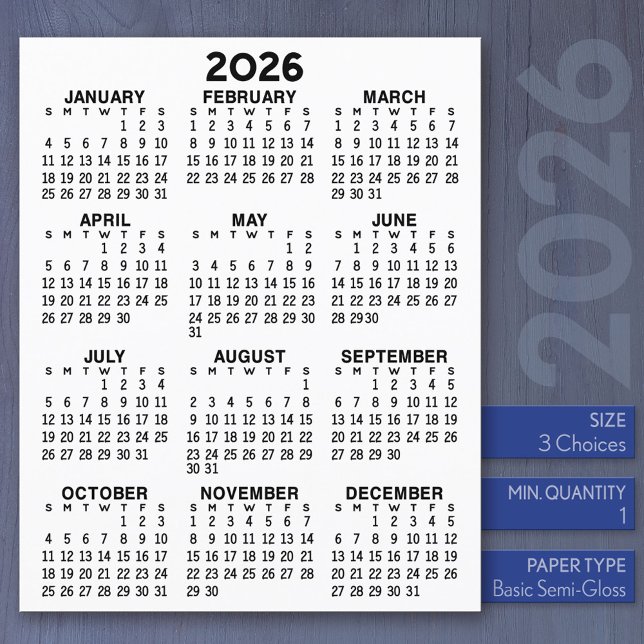 Calendar Mini Full Year View Flat Sheet Paper (2026 Calendar)