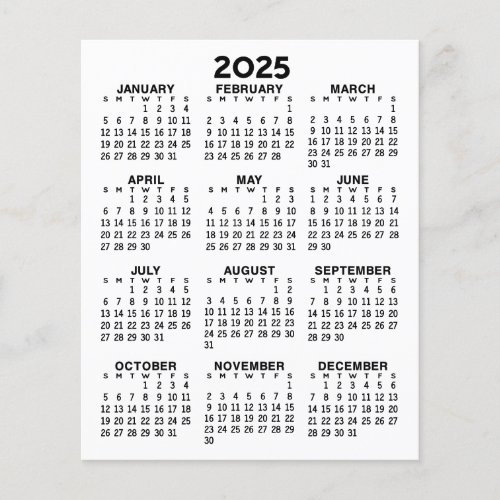 Calendar Mini Full Year View Flat Sheet Paper