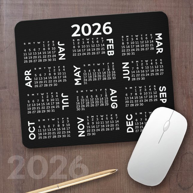 Calendar - modern black and white simple mouse pad (2026 Calendar on a Mousepad)