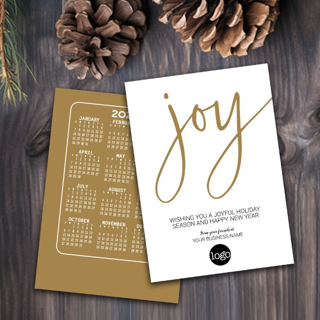 Calendar - Modern JOY Gold White - Business Logo Holiday Card (Business Holiday Card with a Calendar and Logo)