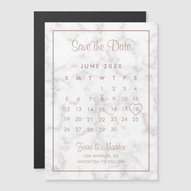 Calendar Modern Marble Rose Gold Save the Date Magnetic Invitation (Front/Back)