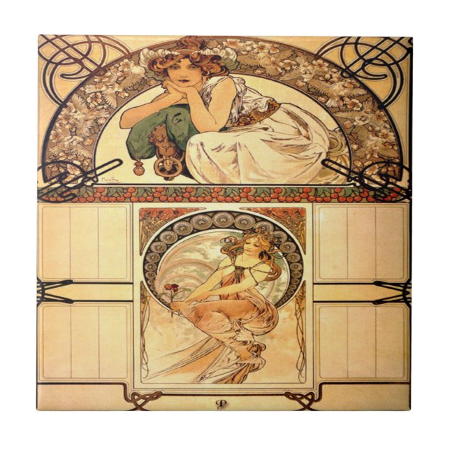 Calendar of cherry blossom Alphonse Mucha Ceramic Tile (Front)