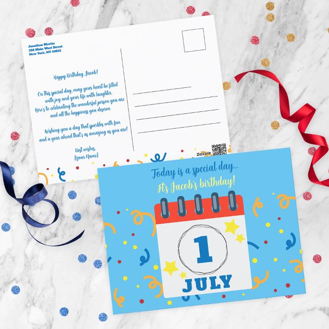 Calendar Page July 1st Birthday Celebration Postcard (Creator Uploaded)
