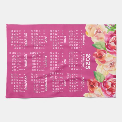 Calendar Painted Watercolor Flowers hot pink Kitchen Towel