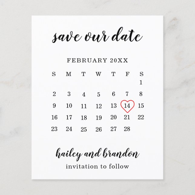 Calendar Red Heart Budget Wedding Save the Date (Front)
