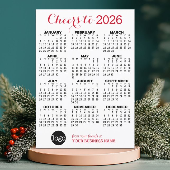 Calendar Red White Business Logo Holiday Card (2026 Calendar on a Holiday Business Card)