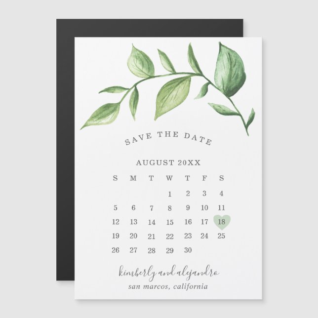 Calendar Rustic Greenery Save the Date Magnetic Invitation (Front/Back)