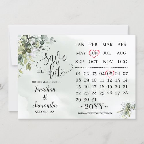 Calendar save the date Eucalyptus greenery Invitation