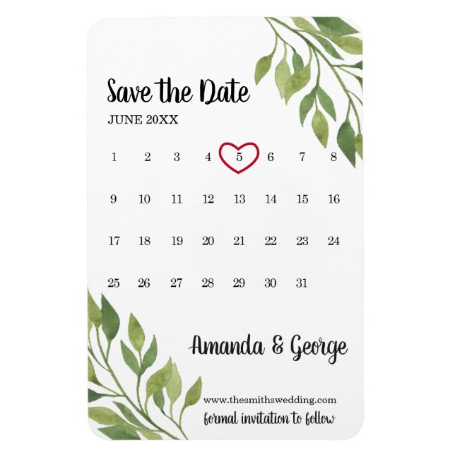 Calendar Save the Date Magnet | greenery wedding (Vertical)