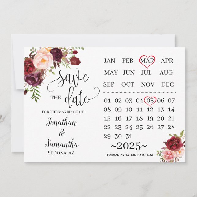 calendar save the date marsala wedding day invitation (Front)