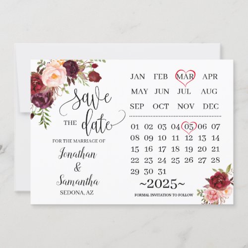 calendar save the date marsala wedding day invitation