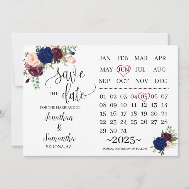 Calendar save the date navy burgundy wedding day invitation (Front)