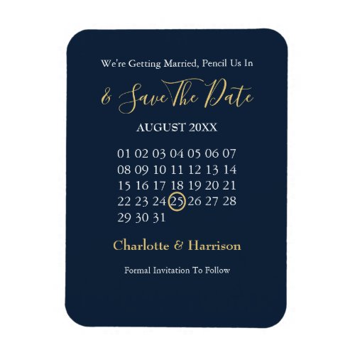 Calendar Save The Date Navy Gold Editable Magnet