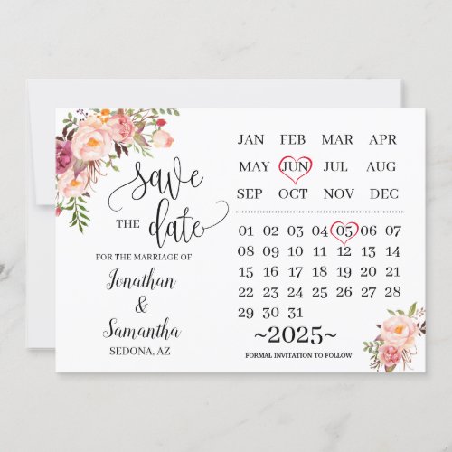 calendar save the date Pink floral wedding day Invitation