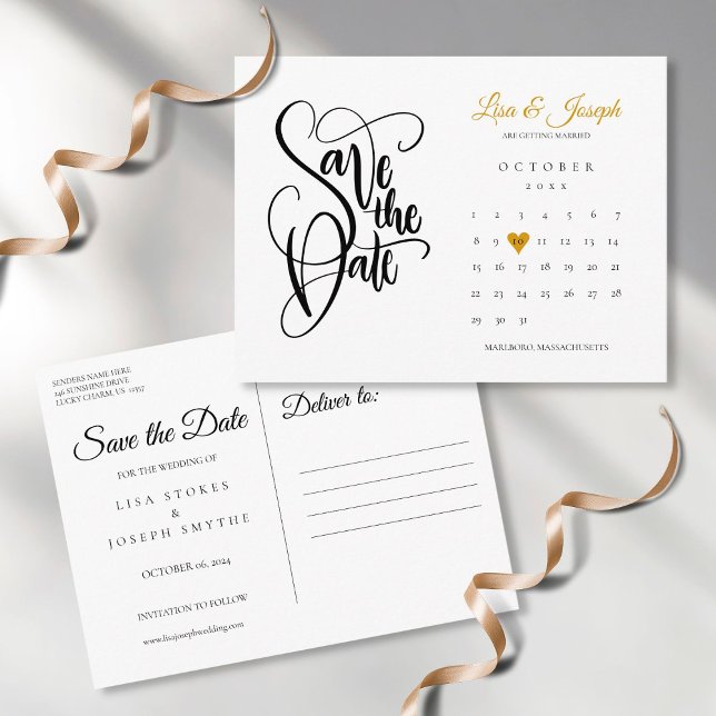 Calendar Script Gold Heart Save the Date Postcard (Creator Uploaded)
