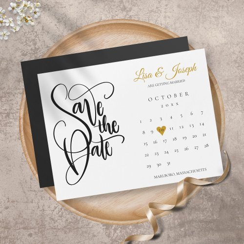 Calendar Script Gold Heart Wedding Save the Date