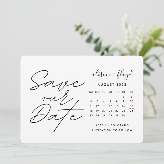Calendar Script Handwritten  Rustic Save The Date Invitation (Standing Front)