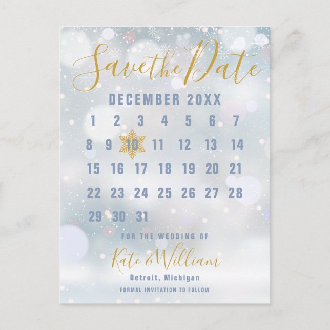 Calendar Winter Snowflakes Wedding Save the Date Postcard (Front)