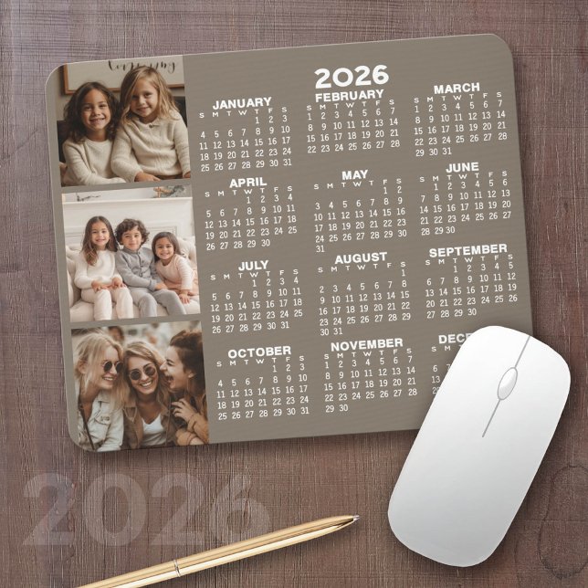 Calendar with 3 Photo Collage - taupe Mouse Pad (2026 Calendar with your logo or photos - Great Business Gift or Home Office Decor)