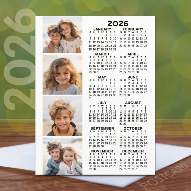Calendar with 4 Photo Collage - Black White Postcard (2026 Calendar Postcard)